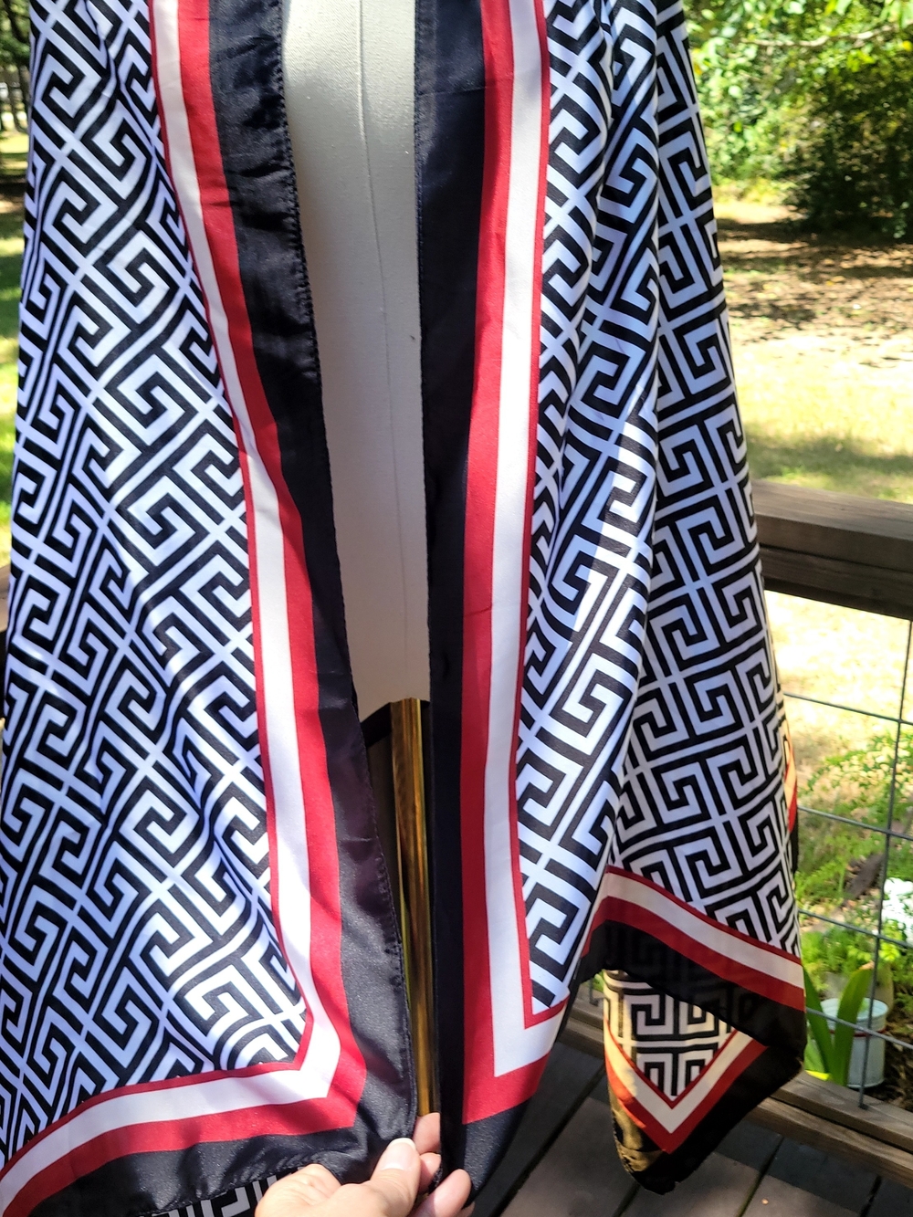 Jessica Black & White Geometric Scarf with Red Trim 72x34